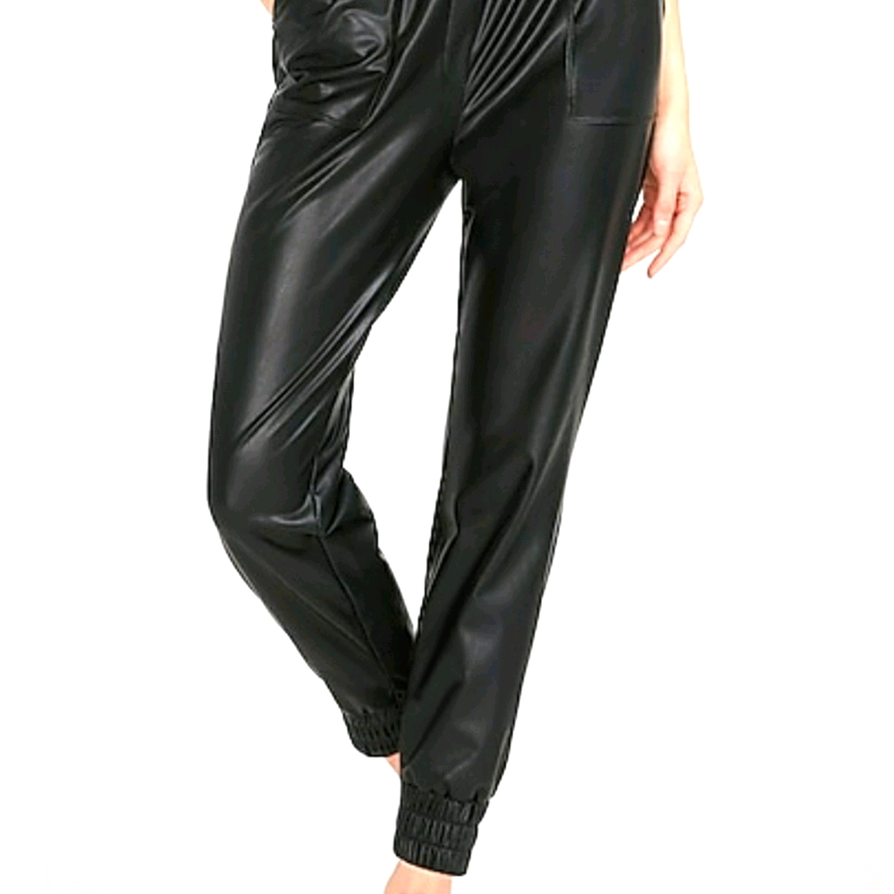High Waisted Vegan Leather Jogger Pant in Black